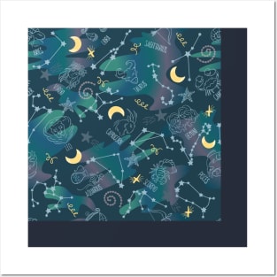 Astrology Zodiac Signs Night Sky Seamless Pattern Posters and Art